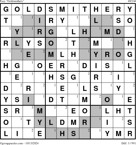 The grouppuzzles.com Easy Goldsmithery puzzle for Sunday October 13, 2024 with the first 3 steps marked