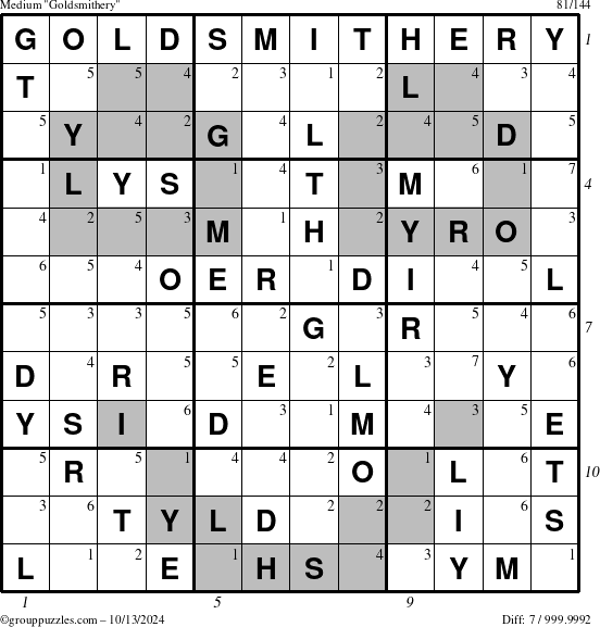 The grouppuzzles.com Medium Goldsmithery puzzle for Sunday October 13, 2024 with all 7 steps marked