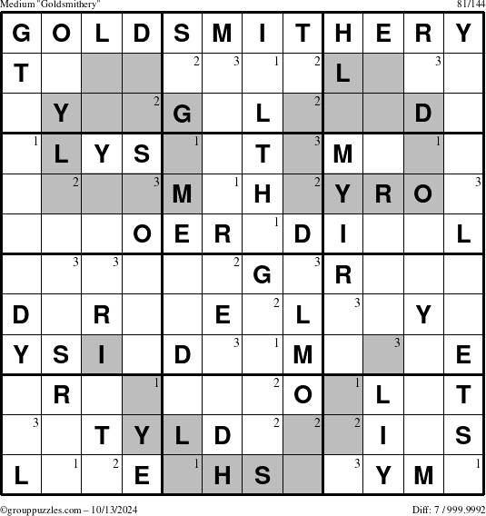 The grouppuzzles.com Medium Goldsmithery puzzle for Sunday October 13, 2024 with the first 3 steps marked