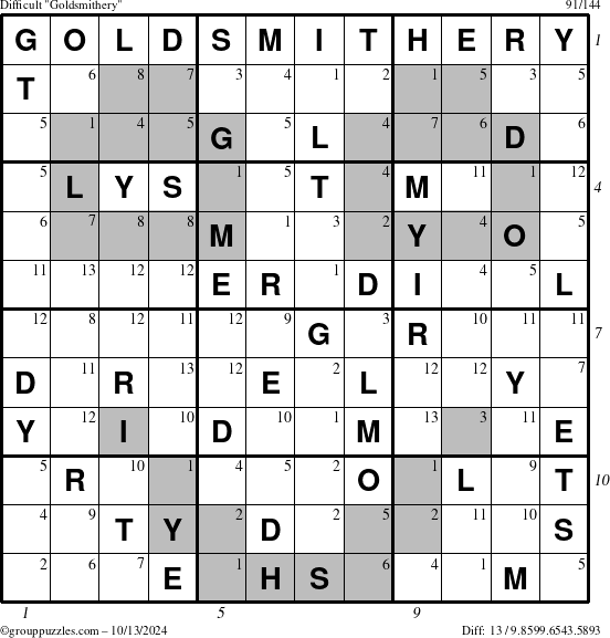 The grouppuzzles.com Difficult Goldsmithery puzzle for Sunday October 13, 2024 with all 13 steps marked