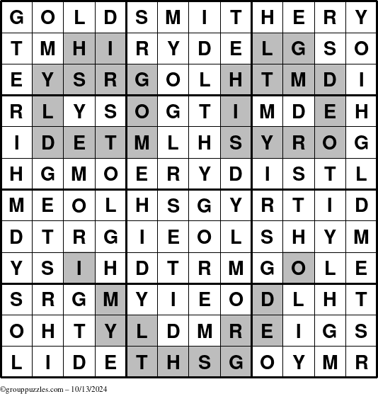 The grouppuzzles.com Answer grid for the Goldsmithery puzzle for Sunday October 13, 2024