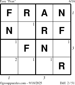 The grouppuzzles.com Easy Fran puzzle for Thursday September 18, 2025 with all 2 steps marked