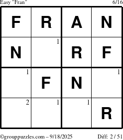 The grouppuzzles.com Easy Fran puzzle for Thursday September 18, 2025 with the first 2 steps marked