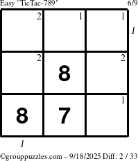 The grouppuzzles.com Easy TicTac-789 puzzle for Thursday September 18, 2025 with all 2 steps marked