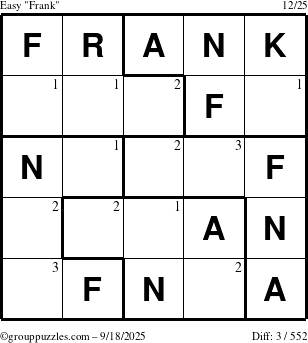 The grouppuzzles.com Easy Frank puzzle for Thursday September 18, 2025 with the first 3 steps marked
