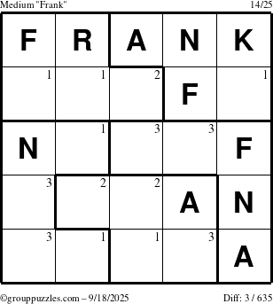 The grouppuzzles.com Medium Frank puzzle for Thursday September 18, 2025 with the first 3 steps marked