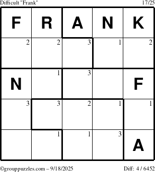 The grouppuzzles.com Difficult Frank puzzle for Thursday September 18, 2025 with the first 3 steps marked