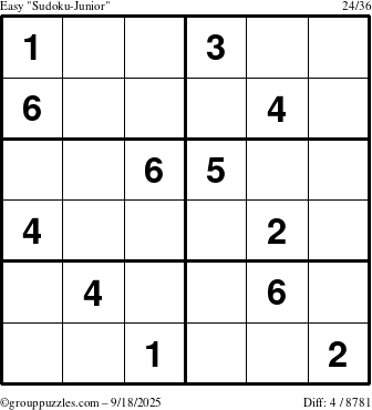 The grouppuzzles.com Easy Sudoku-Junior puzzle for Thursday September 18, 2025