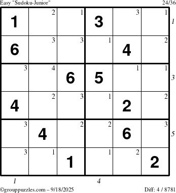 The grouppuzzles.com Easy Sudoku-Junior puzzle for Thursday September 18, 2025 with all 4 steps marked