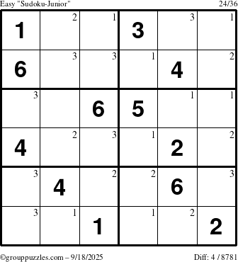 The grouppuzzles.com Easy Sudoku-Junior puzzle for Thursday September 18, 2025 with the first 3 steps marked