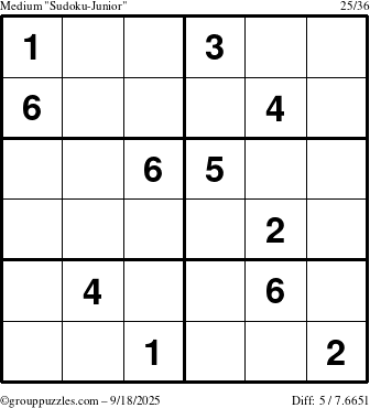 The grouppuzzles.com Medium Sudoku-Junior puzzle for Thursday September 18, 2025