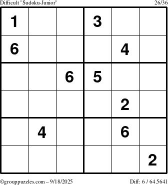 The grouppuzzles.com Difficult Sudoku-Junior puzzle for Thursday September 18, 2025