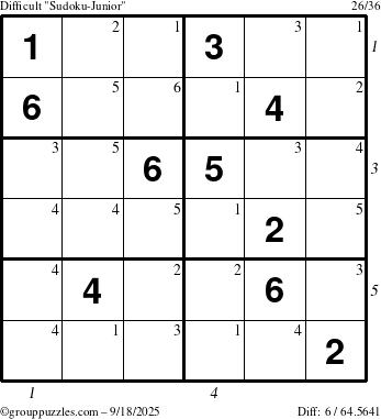 The grouppuzzles.com Difficult Sudoku-Junior puzzle for Thursday September 18, 2025 with all 6 steps marked