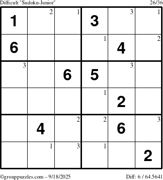The grouppuzzles.com Difficult Sudoku-Junior puzzle for Thursday September 18, 2025 with the first 3 steps marked