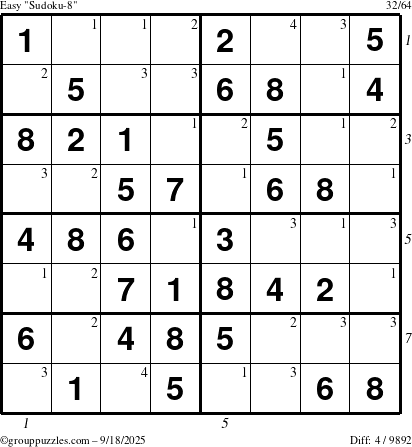 The grouppuzzles.com Easy Sudoku-8 puzzle for Thursday September 18, 2025, suitable for printing, with all 4 steps marked