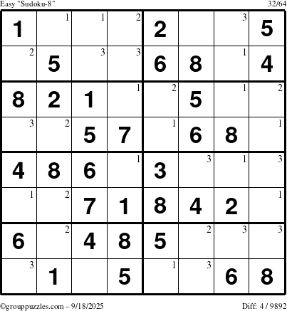 The grouppuzzles.com Easy Sudoku-8 puzzle for Thursday September 18, 2025 with the first 3 steps marked