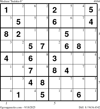 The grouppuzzles.com Medium Sudoku-8 puzzle for Thursday September 18, 2025 with all 8 steps marked