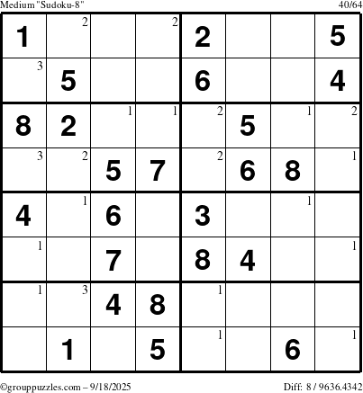 The grouppuzzles.com Medium Sudoku-8 puzzle for Thursday September 18, 2025 with the first 3 steps marked