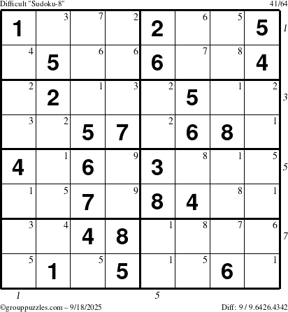 The grouppuzzles.com Difficult Sudoku-8 puzzle for Thursday September 18, 2025, suitable for printing, with all 9 steps marked