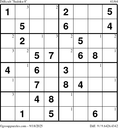 The grouppuzzles.com Difficult Sudoku-8 puzzle for Thursday September 18, 2025 with the first 3 steps marked
