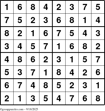 The grouppuzzles.com Answer grid for the Sudoku-8 puzzle for Thursday September 18, 2025