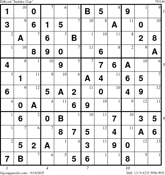 The grouppuzzles.com Difficult Sudoku-12up puzzle for Thursday September 18, 2025 with all 13 steps marked
