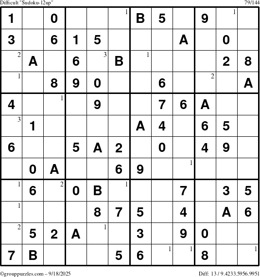 The grouppuzzles.com Difficult Sudoku-12up puzzle for Thursday September 18, 2025 with the first 3 steps marked