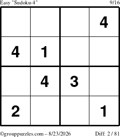 The grouppuzzles.com Easy Sudoku-4 puzzle for Sunday August 23, 2026
