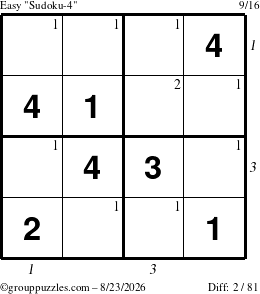 The grouppuzzles.com Easy Sudoku-4 puzzle for Sunday August 23, 2026, suitable for printing, with all 2 steps marked