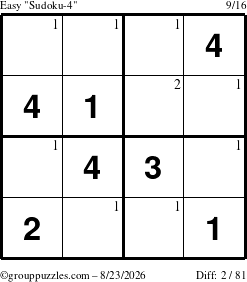 The grouppuzzles.com Easy Sudoku-4 puzzle for Sunday August 23, 2026 with the first 2 steps marked