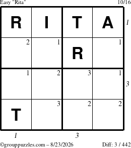 The grouppuzzles.com Easy Rita puzzle for Sunday August 23, 2026 with all 3 steps marked