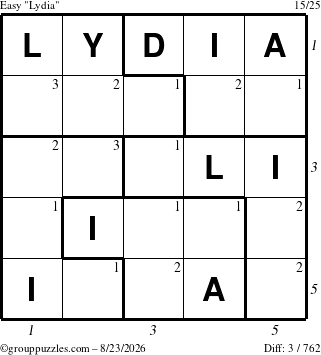 The grouppuzzles.com Easy Lydia puzzle for Sunday August 23, 2026 with all 3 steps marked