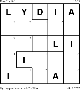 The grouppuzzles.com Easy Lydia puzzle for Sunday August 23, 2026 with the first 3 steps marked