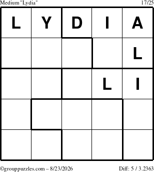 The grouppuzzles.com Medium Lydia puzzle for Sunday August 23, 2026
