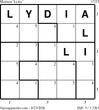 The grouppuzzles.com Medium Lydia puzzle for Sunday August 23, 2026 with all 5 steps marked