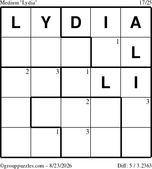The grouppuzzles.com Medium Lydia puzzle for Sunday August 23, 2026 with the first 3 steps marked