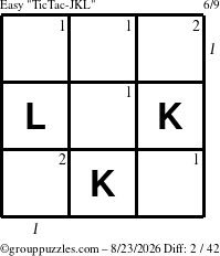 The grouppuzzles.com Easy TicTac-JKL puzzle for Sunday August 23, 2026, suitable for printing, with all 2 steps marked
