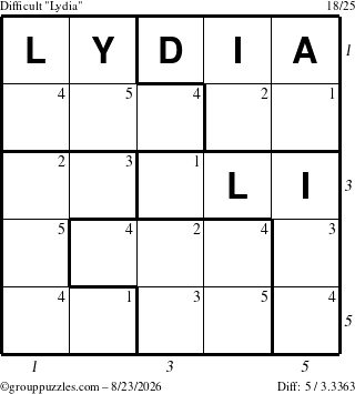 The grouppuzzles.com Difficult Lydia puzzle for Sunday August 23, 2026 with all 5 steps marked