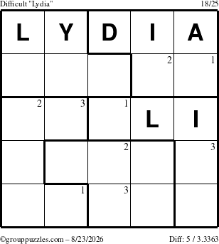 The grouppuzzles.com Difficult Lydia puzzle for Sunday August 23, 2026 with the first 3 steps marked