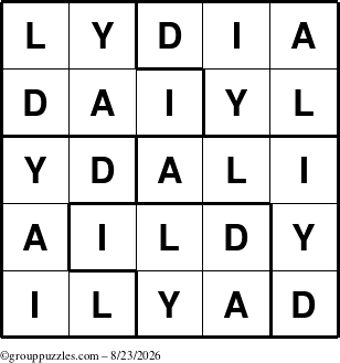 The grouppuzzles.com Answer grid for the Lydia puzzle for Sunday August 23, 2026