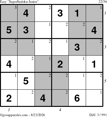 The grouppuzzles.com Easy SuperSudoku-Junior puzzle for Sunday August 23, 2026 with all 3 steps marked