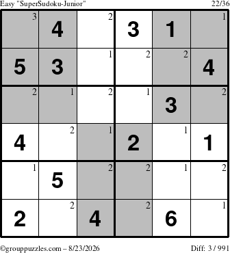 The grouppuzzles.com Easy SuperSudoku-Junior puzzle for Sunday August 23, 2026 with the first 3 steps marked