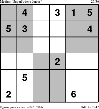The grouppuzzles.com Medium SuperSudoku-Junior puzzle for Sunday August 23, 2026