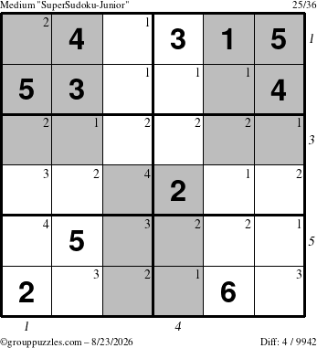 The grouppuzzles.com Medium SuperSudoku-Junior puzzle for Sunday August 23, 2026 with all 4 steps marked