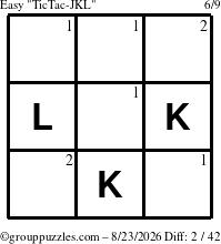The grouppuzzles.com Easy TicTac-JKL puzzle for Sunday August 23, 2026 with the first 2 steps marked