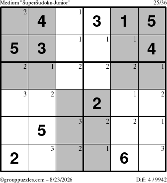 The grouppuzzles.com Medium SuperSudoku-Junior puzzle for Sunday August 23, 2026 with the first 3 steps marked