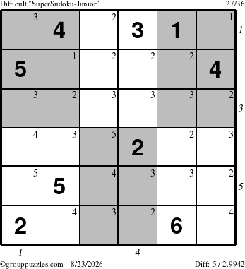 The grouppuzzles.com Difficult SuperSudoku-Junior puzzle for Sunday August 23, 2026, suitable for printing, with all 5 steps marked