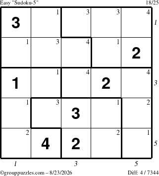 The grouppuzzles.com Easy Sudoku-5 puzzle for Sunday August 23, 2026 with all 4 steps marked