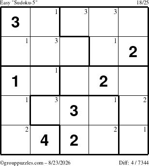 The grouppuzzles.com Easy Sudoku-5 puzzle for Sunday August 23, 2026 with the first 3 steps marked