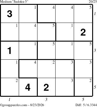The grouppuzzles.com Medium Sudoku-5 puzzle for Sunday August 23, 2026 with all 5 steps marked